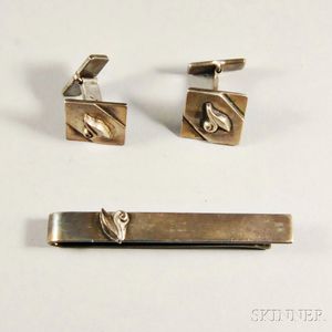 Pair of Sterling Silver Georg Jensen-style Cuff Links and Tie Clip