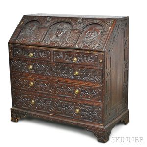 Georgian-style Carved Oak Slant-lid Desk