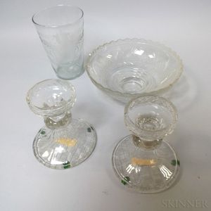 Four Etched and Cut Colorless Glass Items