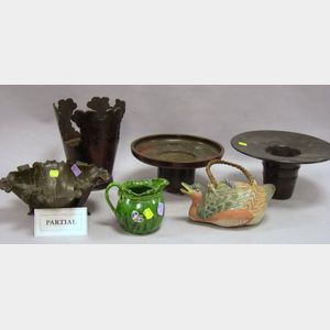 Four Asian Bronze Planters, a Ceramic Creamer and Goose-form Teapot, and a Brocade Carrying Case.