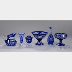 Six Pieces of Cobalt Cut to Clear Glass Items