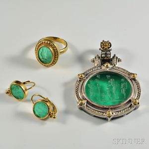 Group of Green Glass Intaglio Jewelry