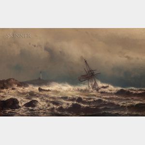 Mauritz Frederik Hendrik de Haas (American, 1832-1895) Ship Aground - Crew Abandoning Ship