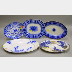 Five Blue and White Transfer Decorated Staffordshire Platters