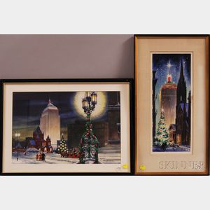 Two Framed 20th Century Watercolor Scenes of Boston at Christmastime