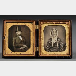 Two Sixth Plate Daguerreotype Portraits of a Man Wearing a Top Hat and His Wife