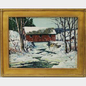 John F. Enser (American, 1898-1968) Red Covered Bridge in Winter.
