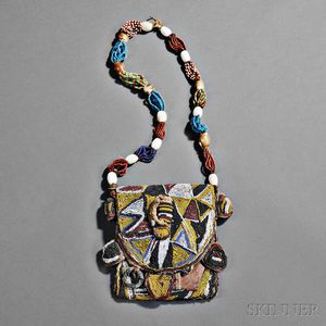 Yoruba Beaded Cloth and Leather Diviner's Bandolier Bag