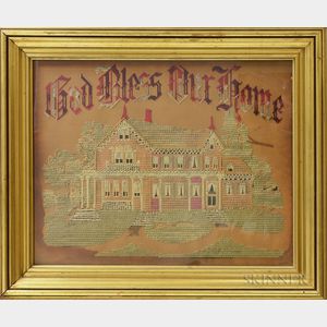 Framed "God Bless Our Home" Needlework and a Federal Reverse-painted Tabernacle Mirror. 