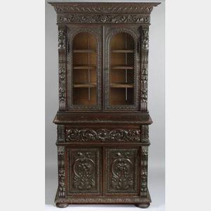Continental Renaissance Revival Carved Oak Bookcase Cabinet
