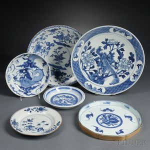 Six Blue and White Tableware Items
