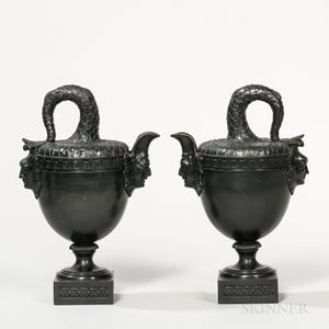 Pair of Marked Wedgwood & Bentley Basalt Fishtail Vases