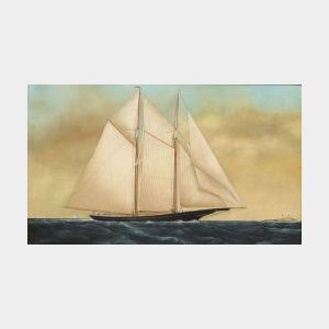 American School, 20th Century Portrait of a Two-masted Schooner off Vinalhaven, Maine.