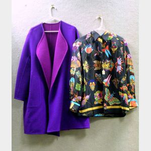 Hermes Purple Wool and Cashmere Reversible Cape and a Hermes Black "Soies Volantes" Silk Shirt