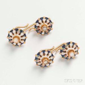Pair of 18kt Gold, Enamel, and Pearl Cuff Links