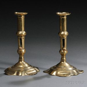 Pair of George II Brass Quatrefoil-base Candlesticks