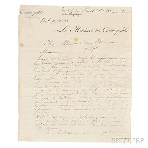 Barbé-Marbois, François (1745-1837) Letter Signed, 7 September 1803.