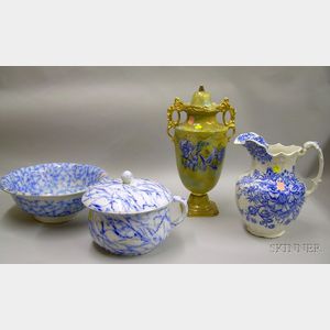 English Gilt Flow Blue Covered Urn, a Flow Blue Marble Pattern Chamber Pot and Basin, and a Blue and White Transfer Pitcher.