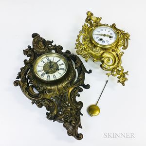 Two Rococo-style Gilt-brass Cartel Wall Clocks