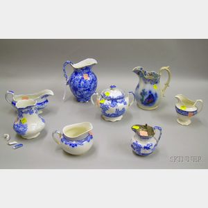 Eight Pieces of English Transfer and Flow Blue Staffordshire Tableware