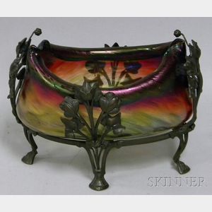 Loetz-type Art Nouveau Iridescent Colored Art Glass Center Bowl in Footed Metal Frame