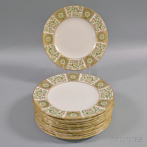 Set of Twelve Royal Crown Derby "Green Derby Panel" Luncheon Plates