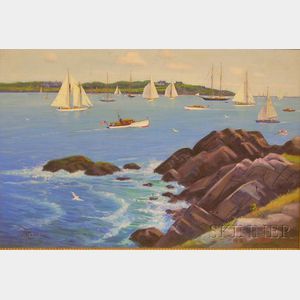 George Franklin Wing (American, 19th/20th Century) Harbor View with Sailboats