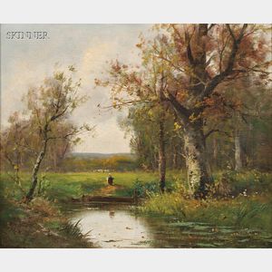 Attributed to Adolf Kaufmann (Austrian, 1848-1916) Meadow with Birches and Figures by a Pond