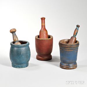 Three Turned and Painted Mortar and Pestles