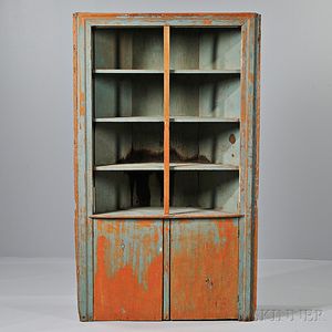Blue-painted Country Pine Corner Cupboard
