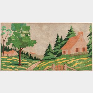 Large Hooked Rug with a Landscape with House