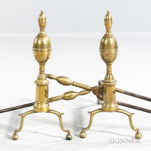Pair of Cast Brass and Iron Double Lemon-top Andirons with Matching Tools