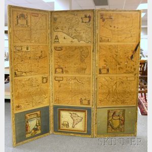 Italian Folio Maps and Marbleized Paper Mounted Canvas Three-Panel Floor Screen