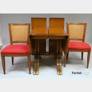 Mahogany Drop-leaf Extension Dining Table and a Set of Four Kindel Caned and Upholstered Cherry Dining Chairs
