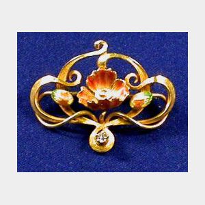 Art Nouveau 14kt Gold, Diamond, and Enamel Pin
