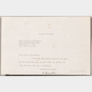 Einstein, Albert (1879-1955) Typed Letter Signed, 25 August 1947.