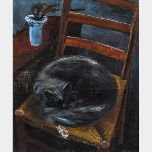 William Thon (American, 1906-2000) Cat Curled Up on a Ladderback Chair