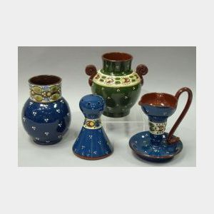 Longpark Ladybird Hatpin Holder, an Aller Vale Ladybird Chamberstick and Vase, and a German Ladybug Vase.