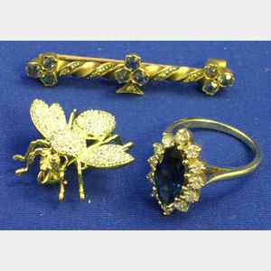 14kt Gold, Synthetic Sapphire and Diamond Ring, Bee Pin and a Sapphire and Diamond Bar Pin.