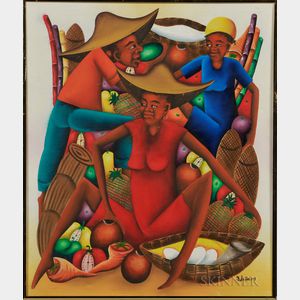 20th Century Haitian School Oil on Canvas Depicting Women with Fruit
