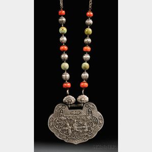Silver Repousse, Coral, and Turquoise Necklace
