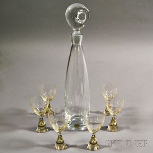 Holmegaard Colorless Glass Decanter and a Set of Six Cordials