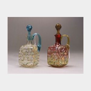 Pair of Enamel Decorated Colored Glass Decanters