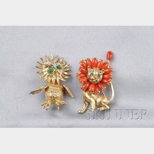 Two 14kt Gold Gem-set Animal Brooches