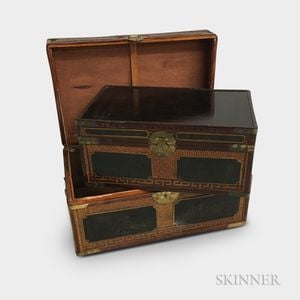 Set of Three Graduated Chinese Export Lacquered and Woven Trunks