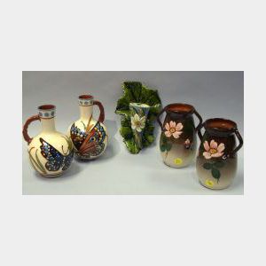 Aller Vale Iridescent Glazed Floral Decorated Leaf Wall Pocket and Pairs of Watcombe Floral Vases and Butterfly Decorated Handled Vases