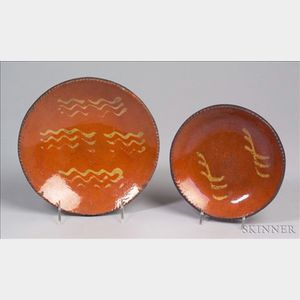 Two Yellow Slip Decorated Redware Plates