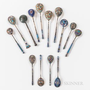 Fourteen Russian Enamel and .875 Silver Spoons
