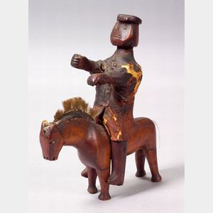 Carved Wood and Leather Folk Art Horse and Rider