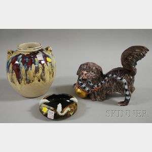 Asian Drip Glazed Jar, Glazed Porcelain Low Bowl with Mice Figures, and a Painted Porcelain Dog with Toy Figure.